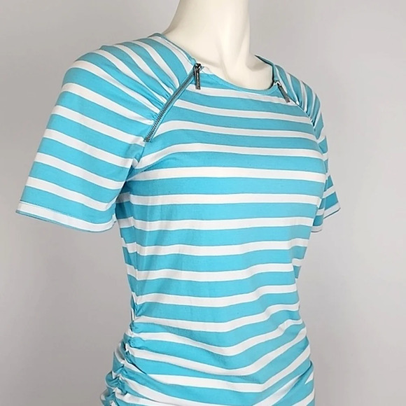 Michael Michael Kors Blue White Striped Ruched Zippers Neck Cotton Top Sz Medium - Picture 2 of 11